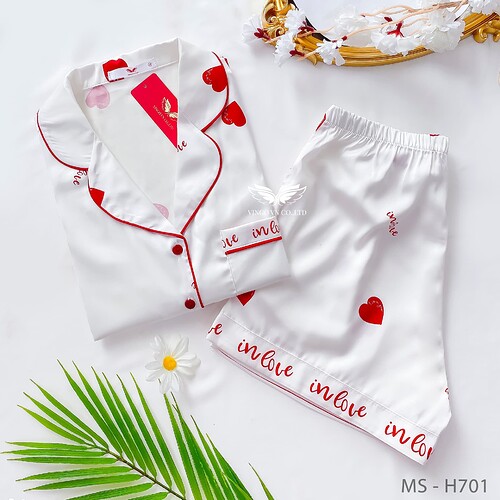 Đồ bộ nữ mặc nhà Pijama VINGO lụa Pháp mềm mát tay ngắn quần cộc họa tiết trái tim đỏ nền trắng mặc mùa Hè H701 VNGO TCQC