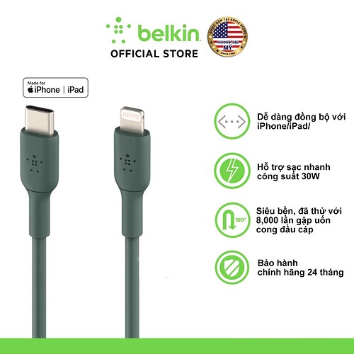 Cáp USB-C to Lightning BOOST↑CHARGE Belkin vỏ nhựa chứng chỉ MFi sạc nhanh 30W