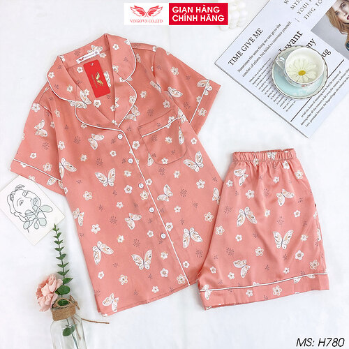 Đồ bộ nữ mặc nhà Pijama VINGO lụa Gấm tay ngắn quần cộc họa tiết con bướm mặc mùa hè thoải mái H780 VNGO TCQC