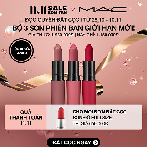 Bộ 3 son môi gồm Son môi mịn lì MAC Matte Lipstick và MAC Retro Matte Lipstick • Three Cheers! Lipstick Trio